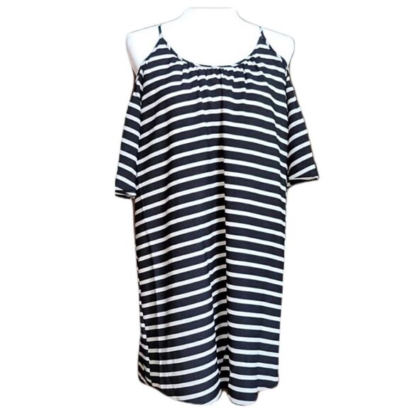 𝅺FC Women's Striped Cold-Shoulder Shift Tunic Dress - Picture 1 of 9